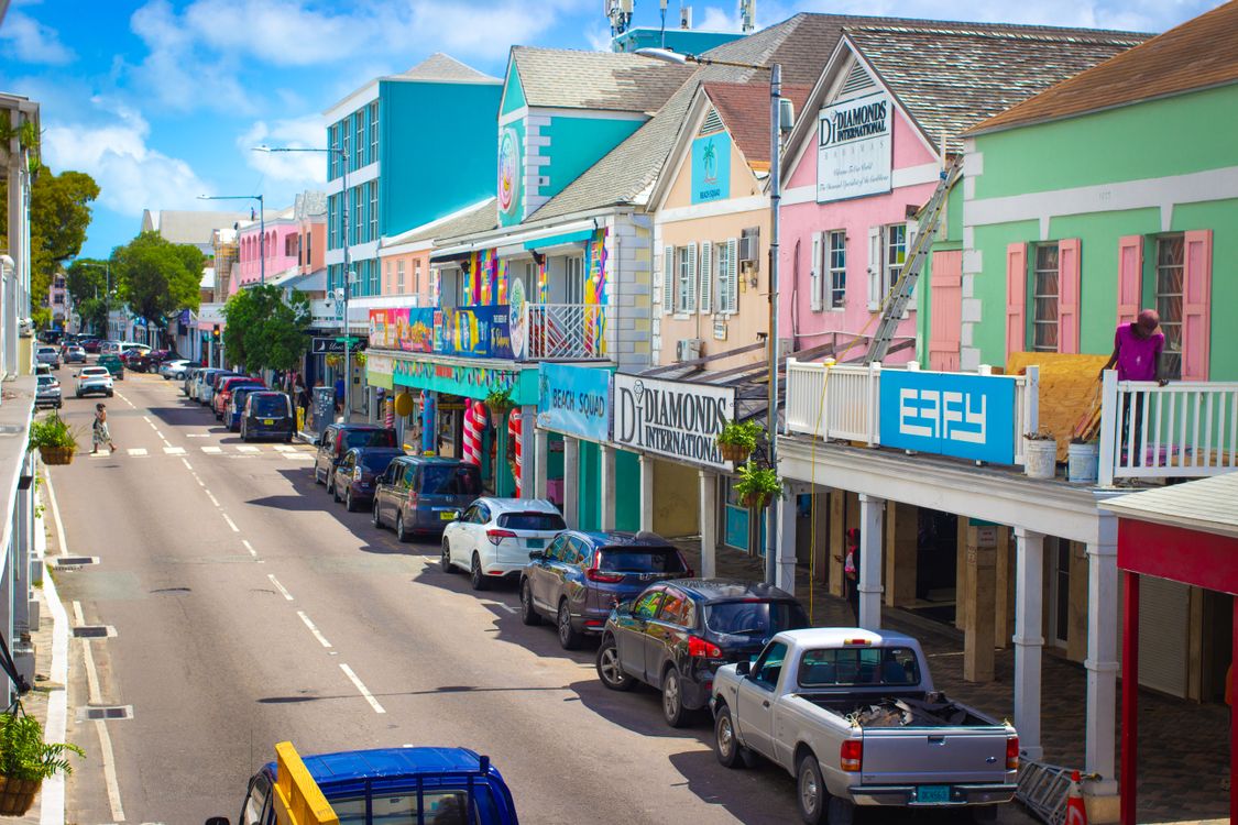 Colorful duty-free shops and local boutiques in a Caribbean port