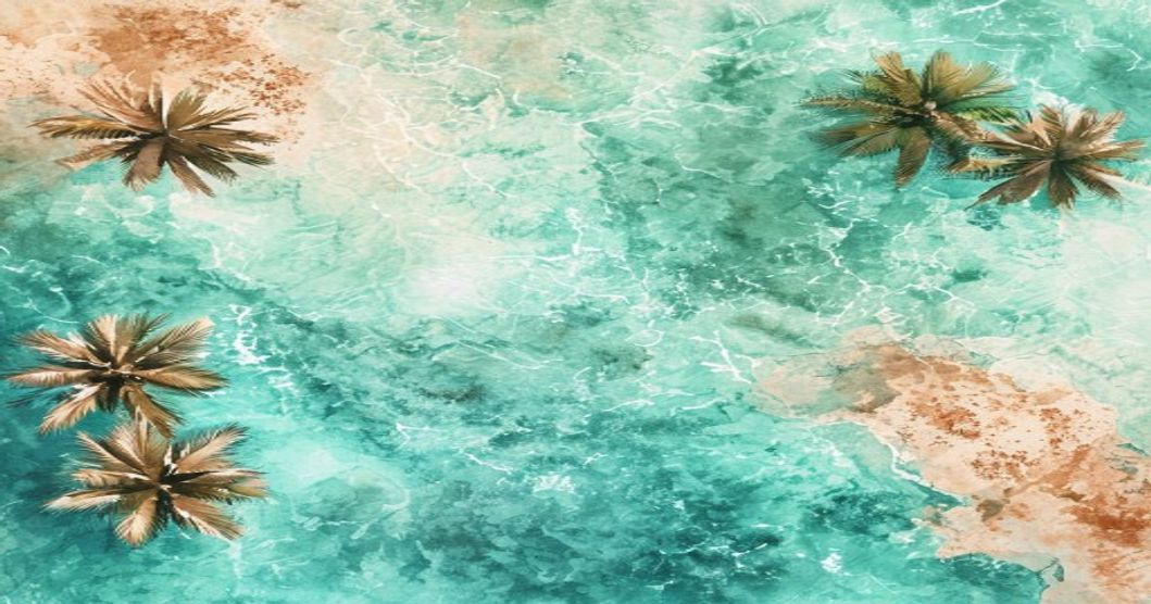 Aerial view of turquoise Caribbean water and white sand beach along the Cancun and Riviera Maya coastline