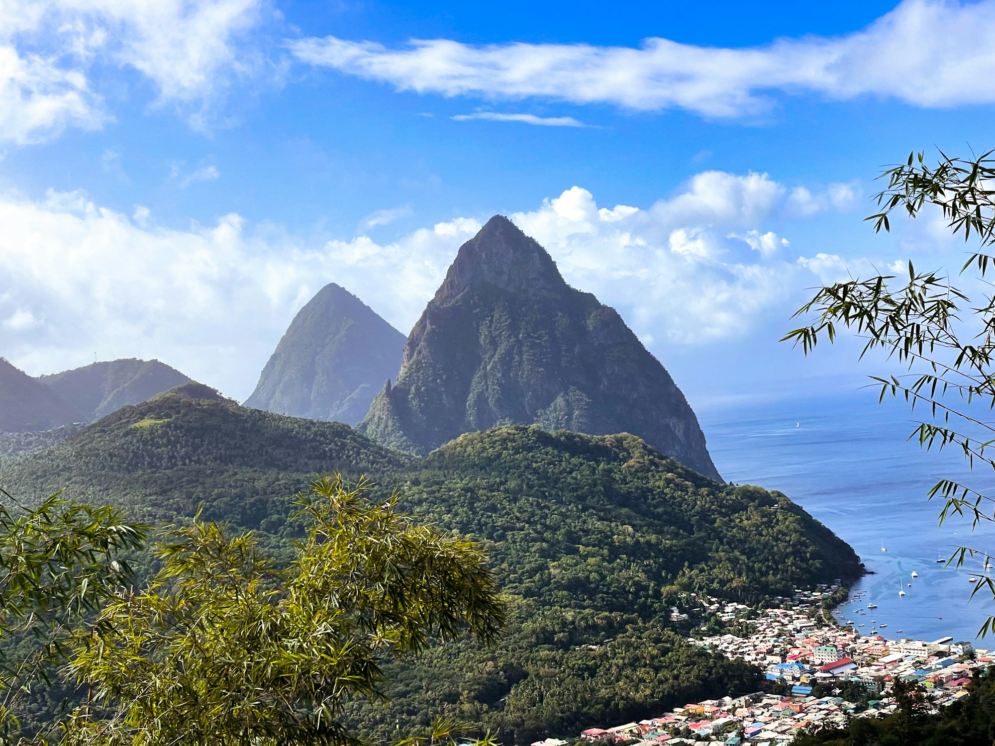 St Lucia Piton mountains aerial view with lush tropical landscape