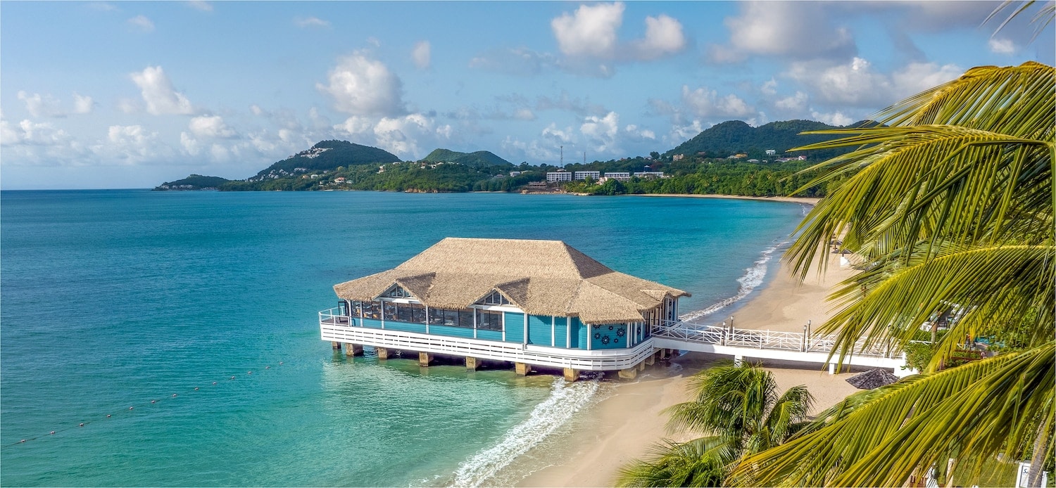 Tropical palm trees on a quiet Saint Lucian beach with turquoise water