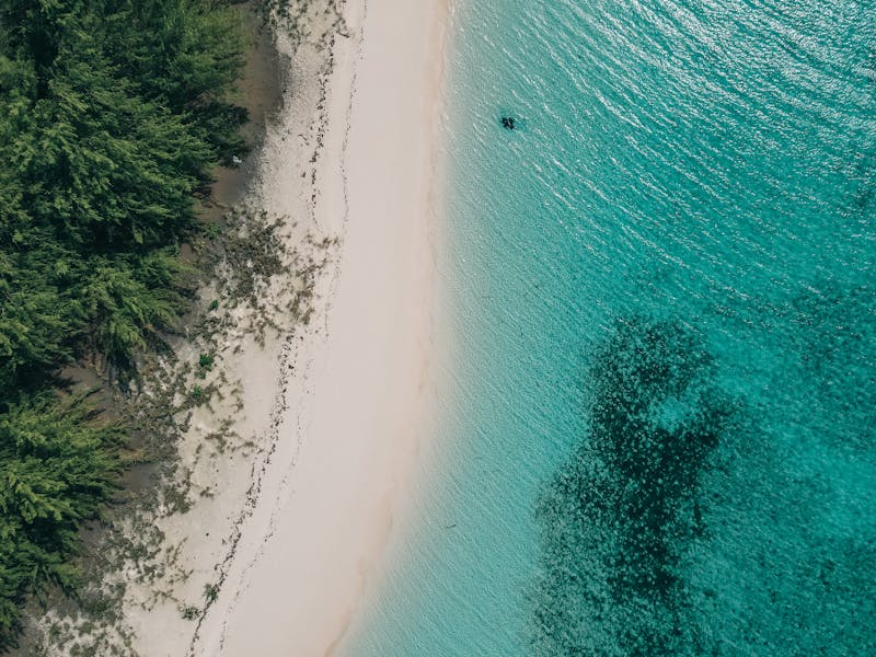 Aerial view of a tropical coastline with turquoise water and lush greenery.