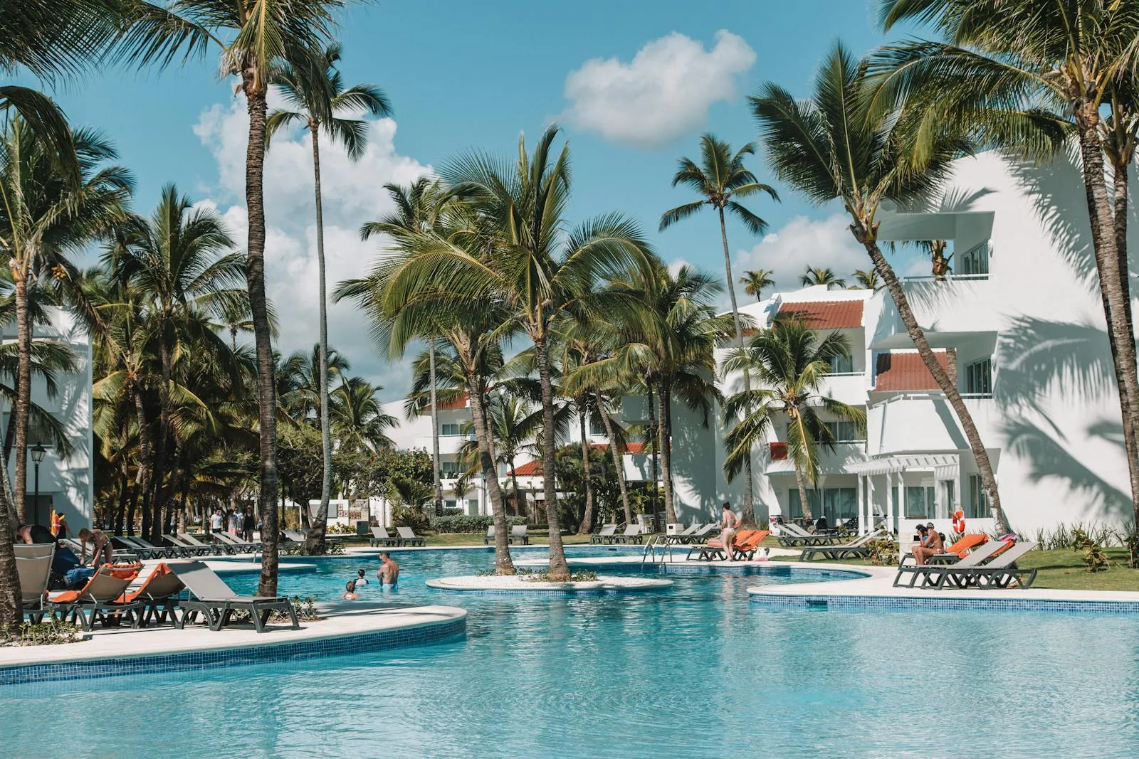 Resort pool deck with palm trees and direct-access lounging