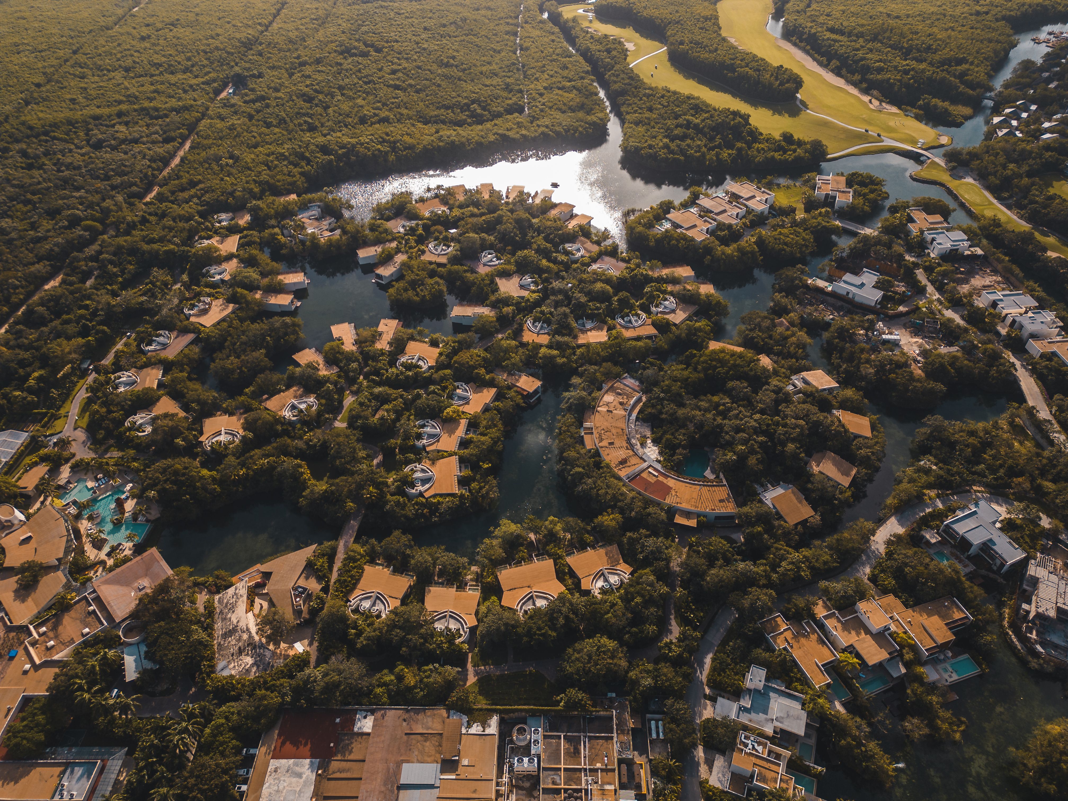 Aerial view of a Playa del Carmen resort complex — the density and scale of Mexico's all-inclusive market.